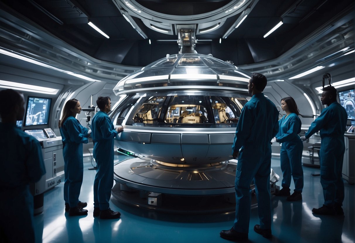 A futuristic spacecraft is being loaded with medical supplies and advanced equipment for deep space exploration. The vessel is surrounded by a team of engineers and scientists preparing for the journey beyond Earth