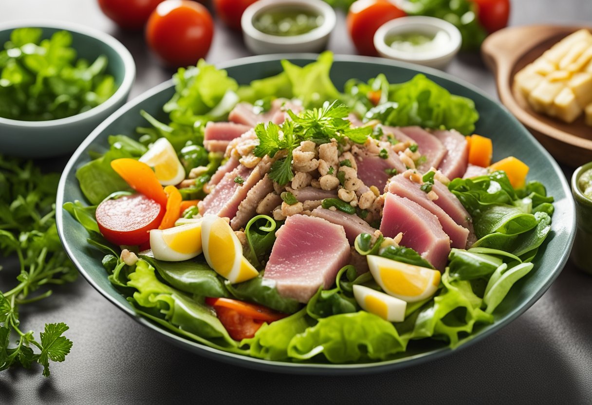 A colorful array of tuna varieties, arranged in a dish with vibrant greens and fresh vegetables, creating a mouthwatering tuna salad