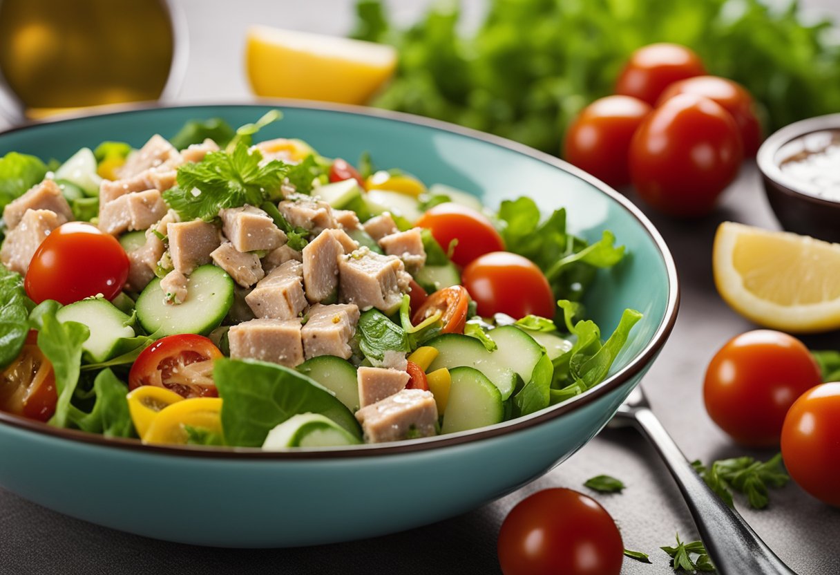 A colorful bowl of tuna salad with mixed greens, cherry tomatoes, cucumber slices, and a drizzle of vinaigrette