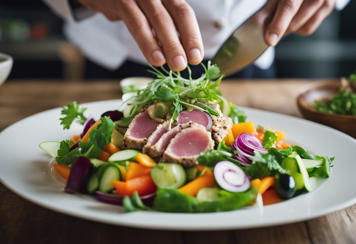 A chef mixes fresh tuna with colorful vegetables and tangy dressing for a vibrant salad