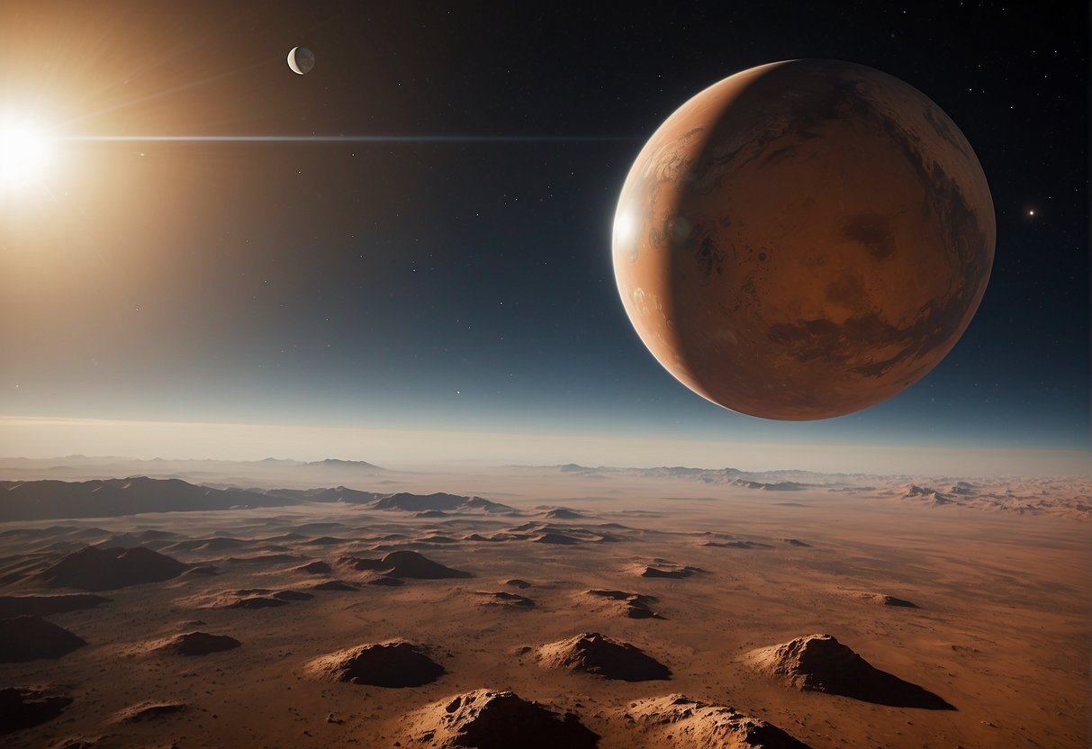 The Race to Mars: Spacecraft from SpaceX, NASA, and other organizations speed towards Mars, leaving Earth's orbit behind. The red planet looms in the distance, waiting to be explored