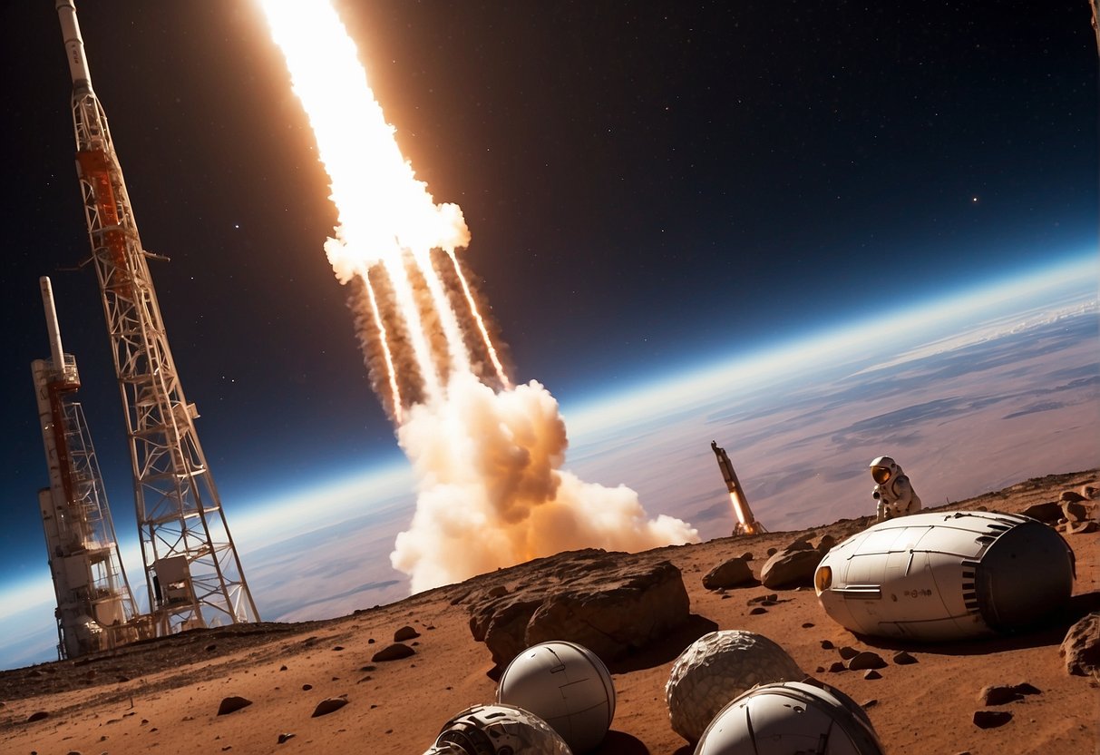 SpaceX rocket launches from Earth, NASA rover explores Martian surface, while other spacecraft orbit the red planet