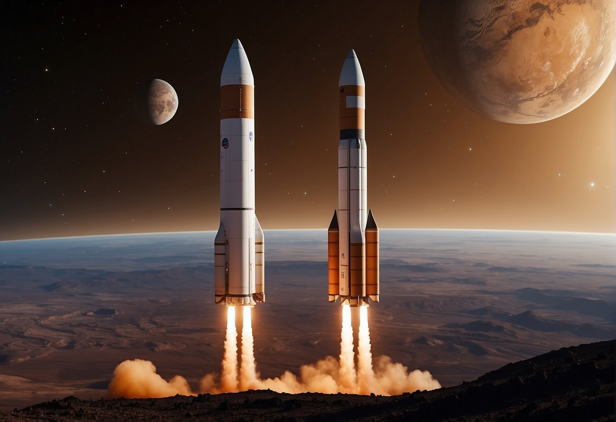 Three rockets launch towards Mars, each representing SpaceX, NASA, and other space agencies. The red planet looms in the distance, as the spacecrafts navigate through the vastness of space