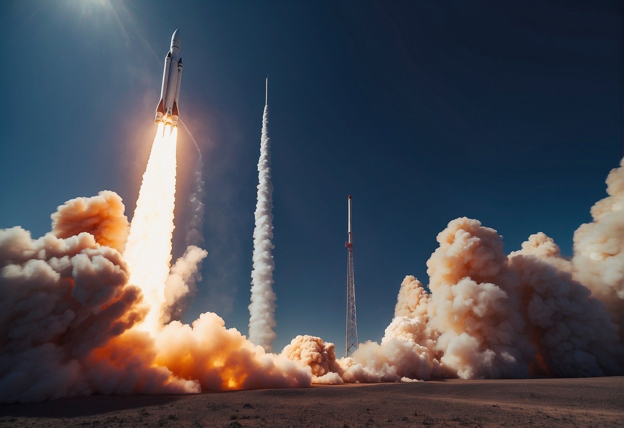A rocket launches into the sky, leaving a trail of fire and smoke behind as it ascends into the atmosphere, symbolizing the rise of suborbital space flights in the history of space tourism