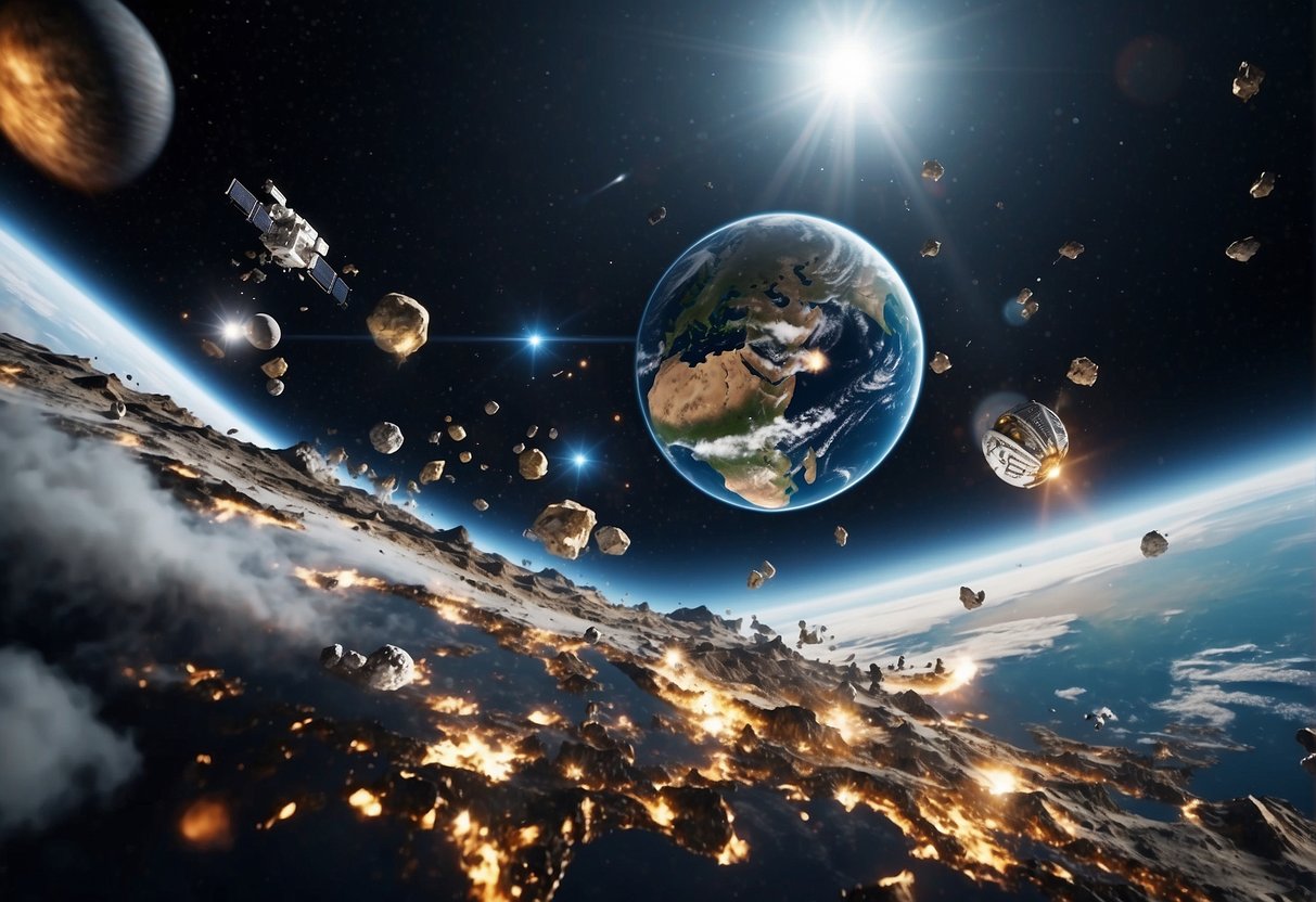 The Earth is surrounded by space debris and satellites, while suborbital space flights take off, emitting minimal carbon emissions
