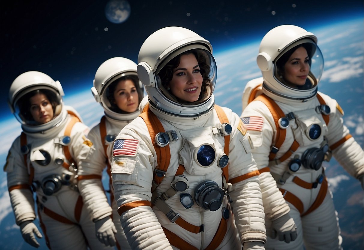 A group of female astronauts float effortlessly in their space suits, surrounded by the vastness of the cosmos, with Earth visible in the distance