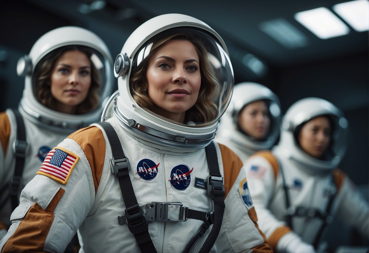 A group of female astronauts float gracefully in the vastness of space, surrounded by the challenges and opportunities of exploration
