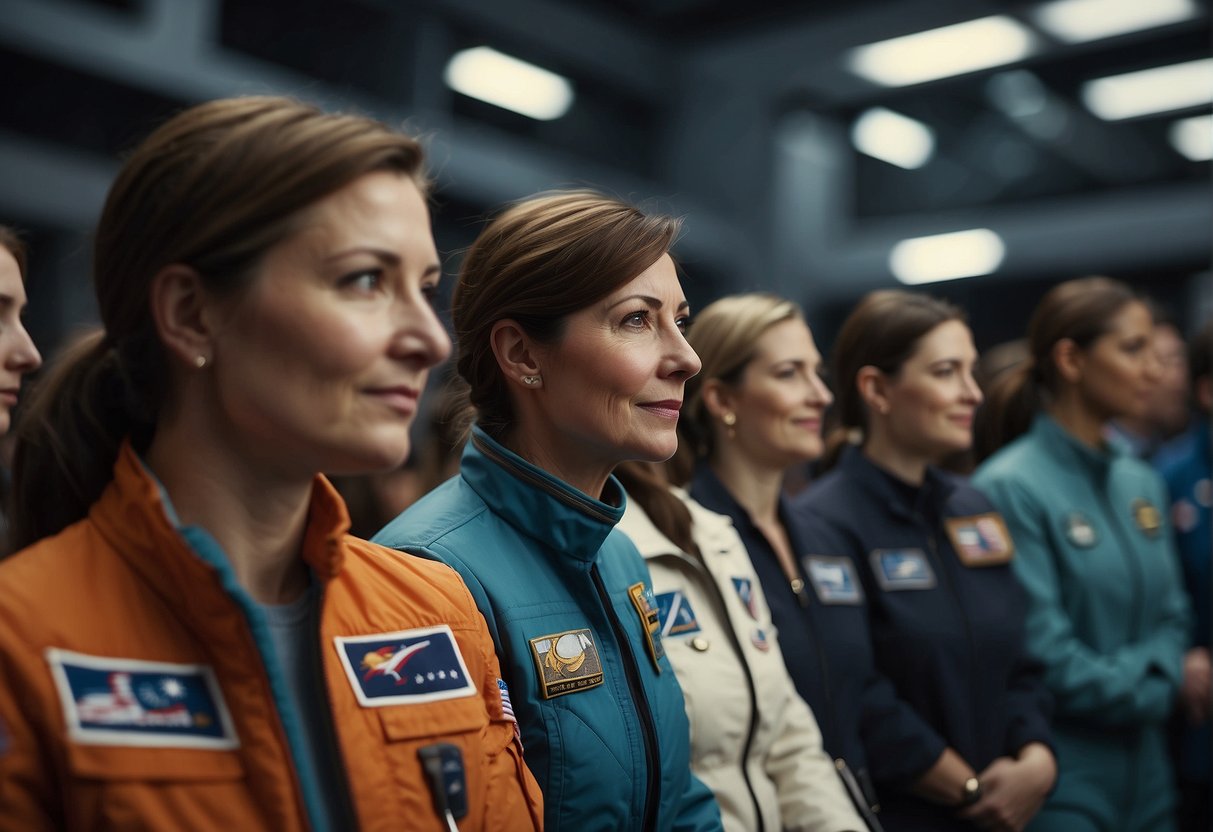 A group of women astronauts stand proudly in front of their spacecraft, surrounded by a diverse crowd of onlookers, representing the cultural impact and public perception of women in space exploration
