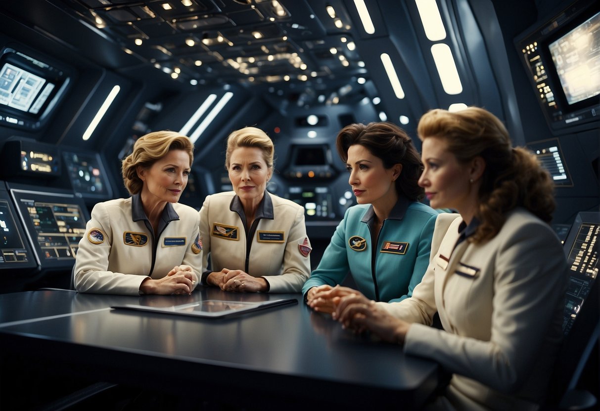 A group of women pioneers in space, surrounded by futuristic technology and spacecraft, discussing their achievements and legacy