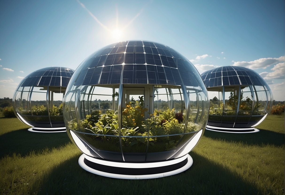 Space Habitats A cluster of interconnected pods floats in the vastness of space, each one housing a self-sustaining ecosystem. Solar panels and communication arrays adorn the exterior, while greenery and water can be seen through transparent panels