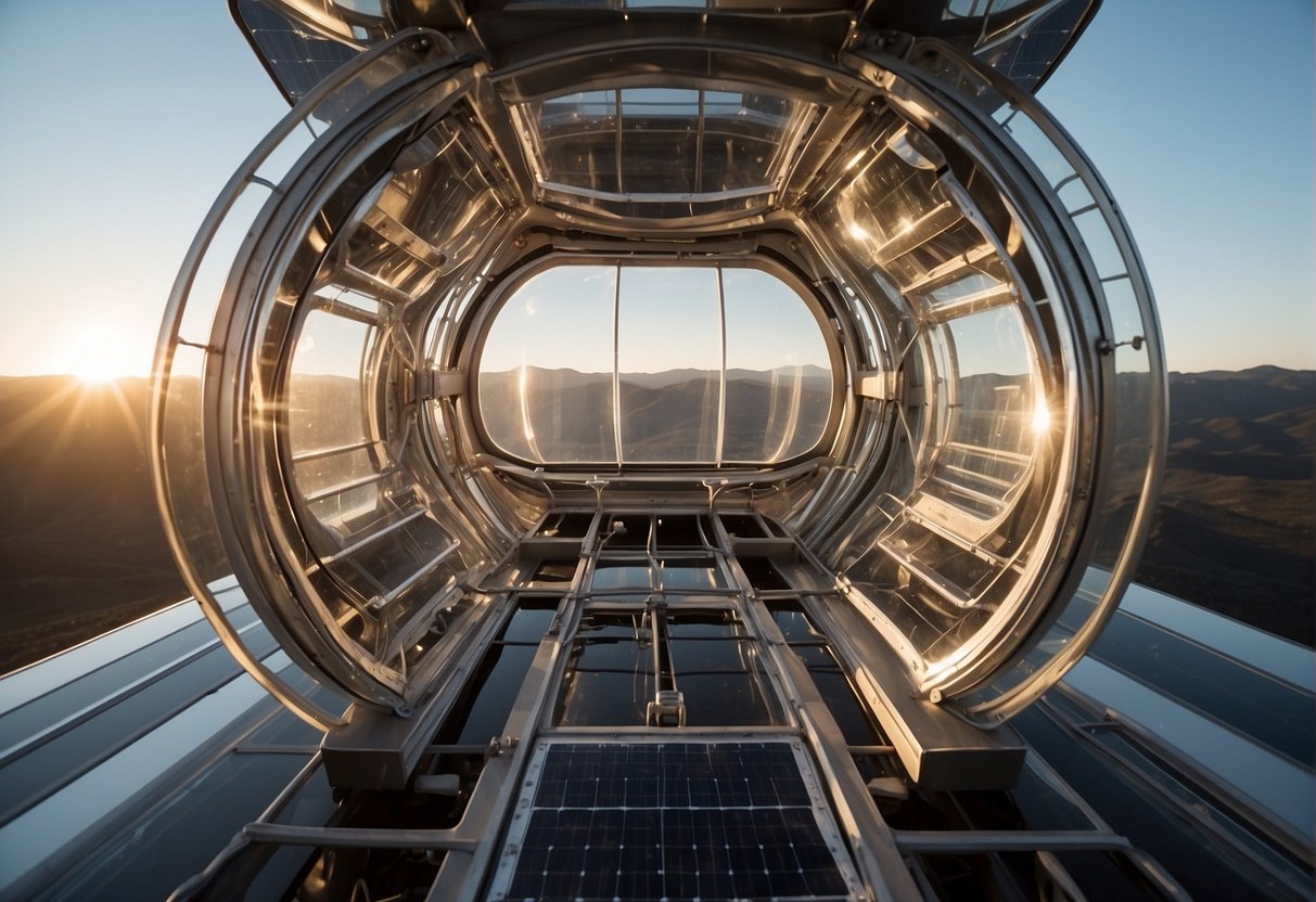 Metallic framework floats in zero gravity, supporting transparent domes and interconnecting tunnels. Solar panels and airlocks dot the exterior, while interior modules house living quarters and research labs