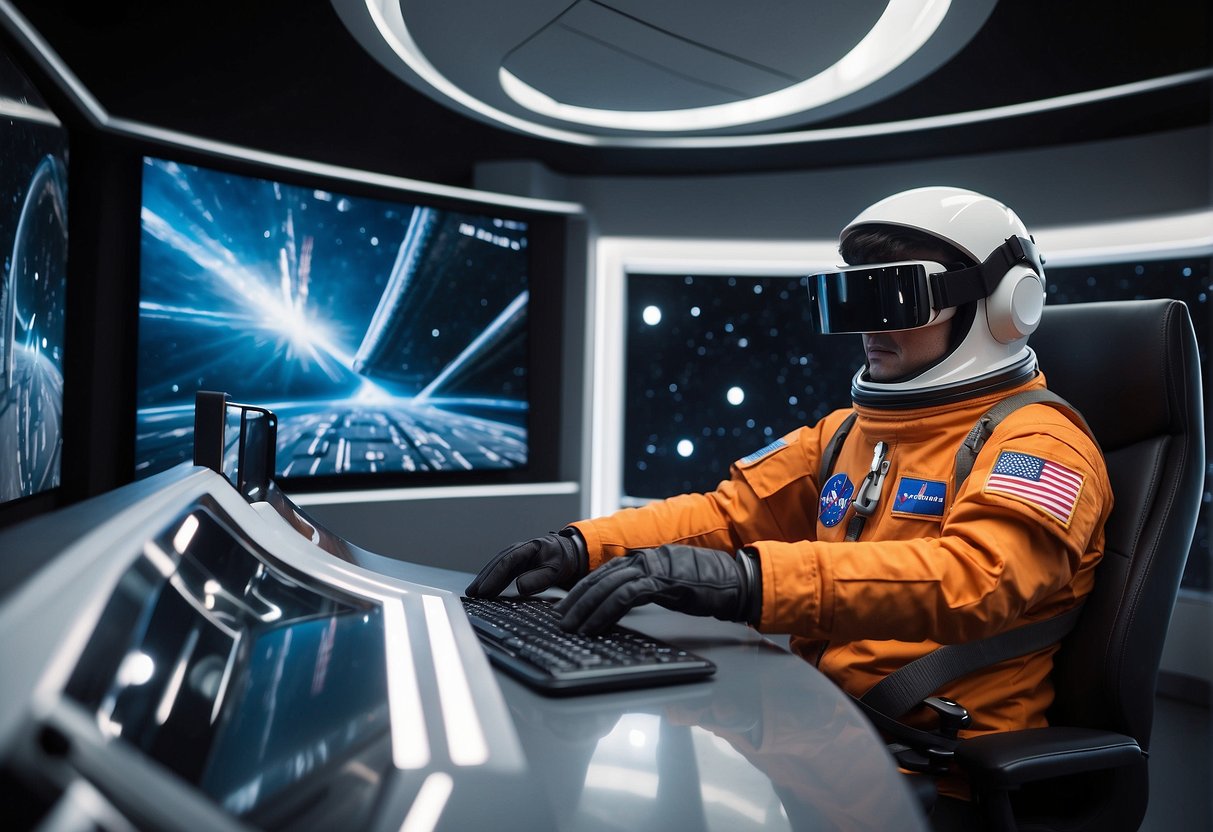 Astronauts in VR training modules, public watching. Space backdrop, futuristic technology, interactive simulations