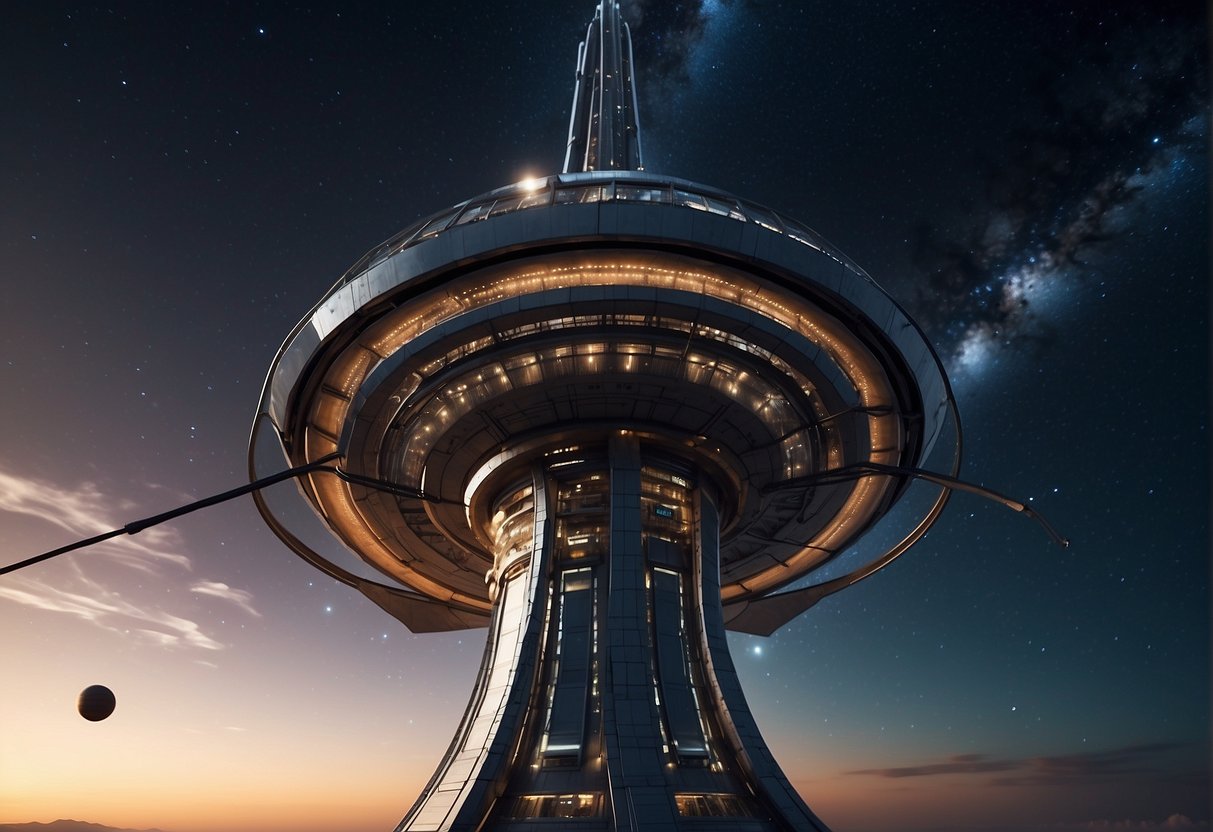 The History and Future of Space Elevators: A towering space elevator stretches into the starry sky, with cables extending down to Earth and up to a space station. A futuristic spacecraft glides along the cables, symbolizing the past and future of space travel
