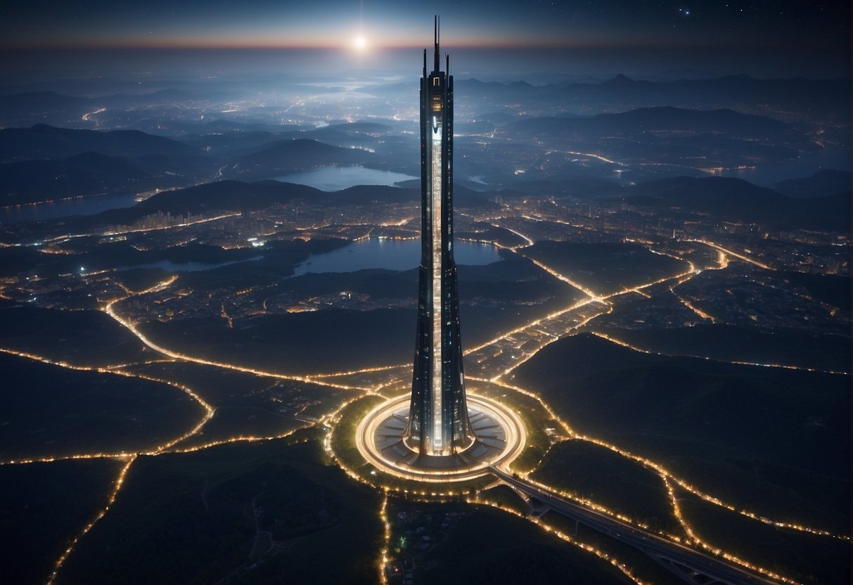 A space elevator rises from Earth, stretching into the starry expanse above, with a futuristic cityscape below. The structure is supported by a massive anchor secured to the ground