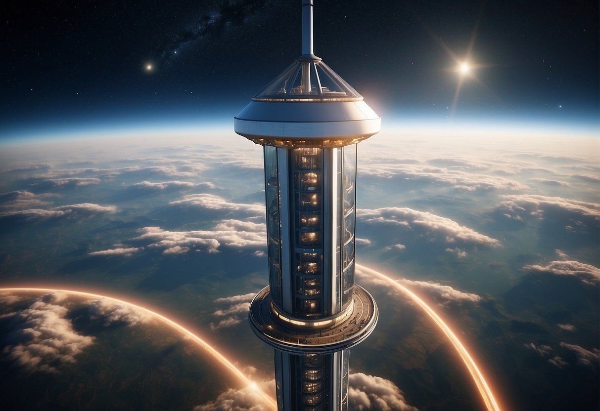 The space elevator stretches into the sky, tethered to Earth and reaching towards the stars. Advanced materials and engineering solutions are visible, showcasing the technological challenges and innovations of this futuristic mode of transportation