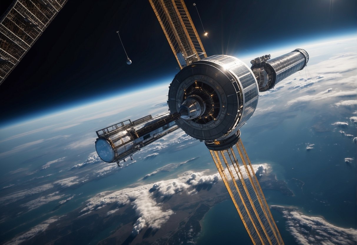 A space elevator stretches from Earth's surface into the atmosphere, with a counterweight in orbit. A network of cables and infrastructure surrounds it, highlighting the economic potential of space travel