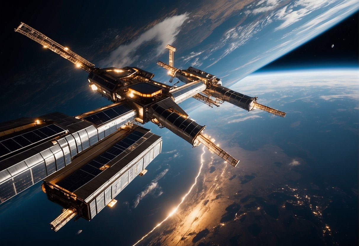 Space elevator ascending from Earth to a space station, with cargo pods moving along its length. Satellites orbiting above, and spacecraft launching from a nearby spaceport
