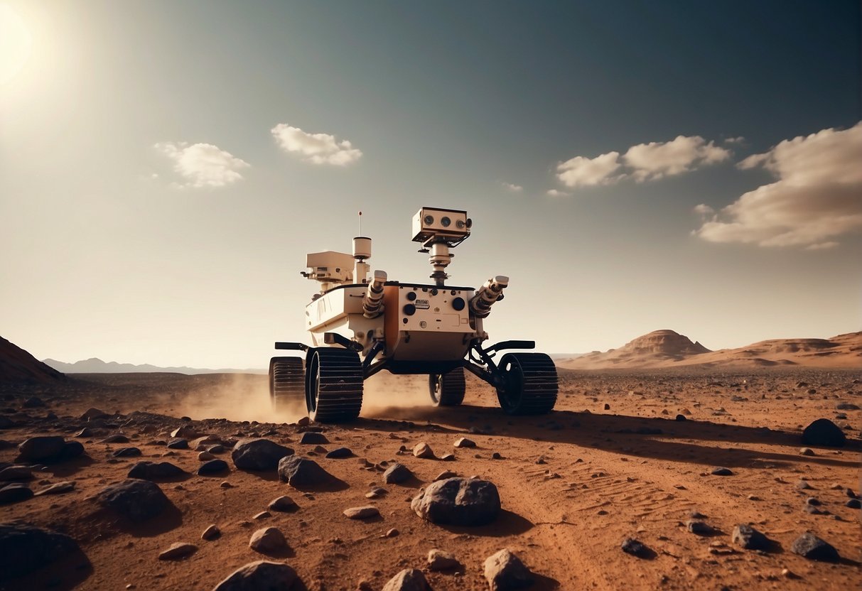 A rover navigates Mars' rocky terrain, collecting soil samples. A distant planet looms in the sky, hinting at the endless possibilities of astrobiology