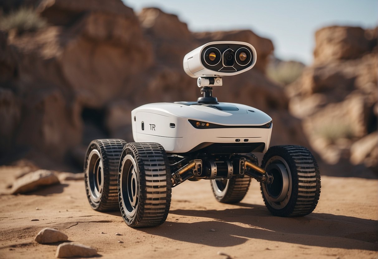 A robotic rover carefully scans the ancient alien ruins, its sensors capturing every detail of the off-world heritage site