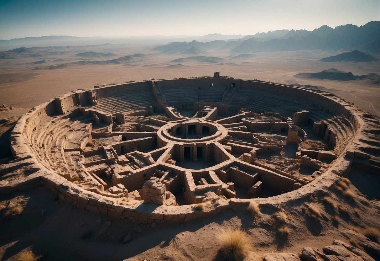 An aerial view of a barren alien landscape with ancient ruins and artifacts scattered across the terrain, surrounded by a backdrop of distant stars and galaxies