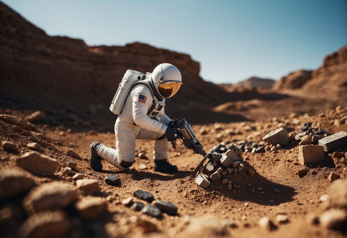 An astronaut carefully excavates a Martian ruin, surrounded by futuristic technology and ancient artifacts