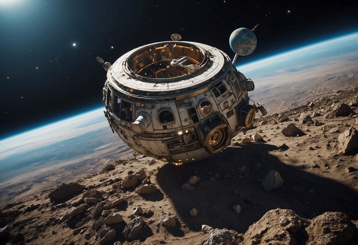 A cluttered orbit with debris from past space missions, including defunct satellites and discarded rocket stages. An ancient alien artifact is buried beneath the wreckage, waiting to be discovered