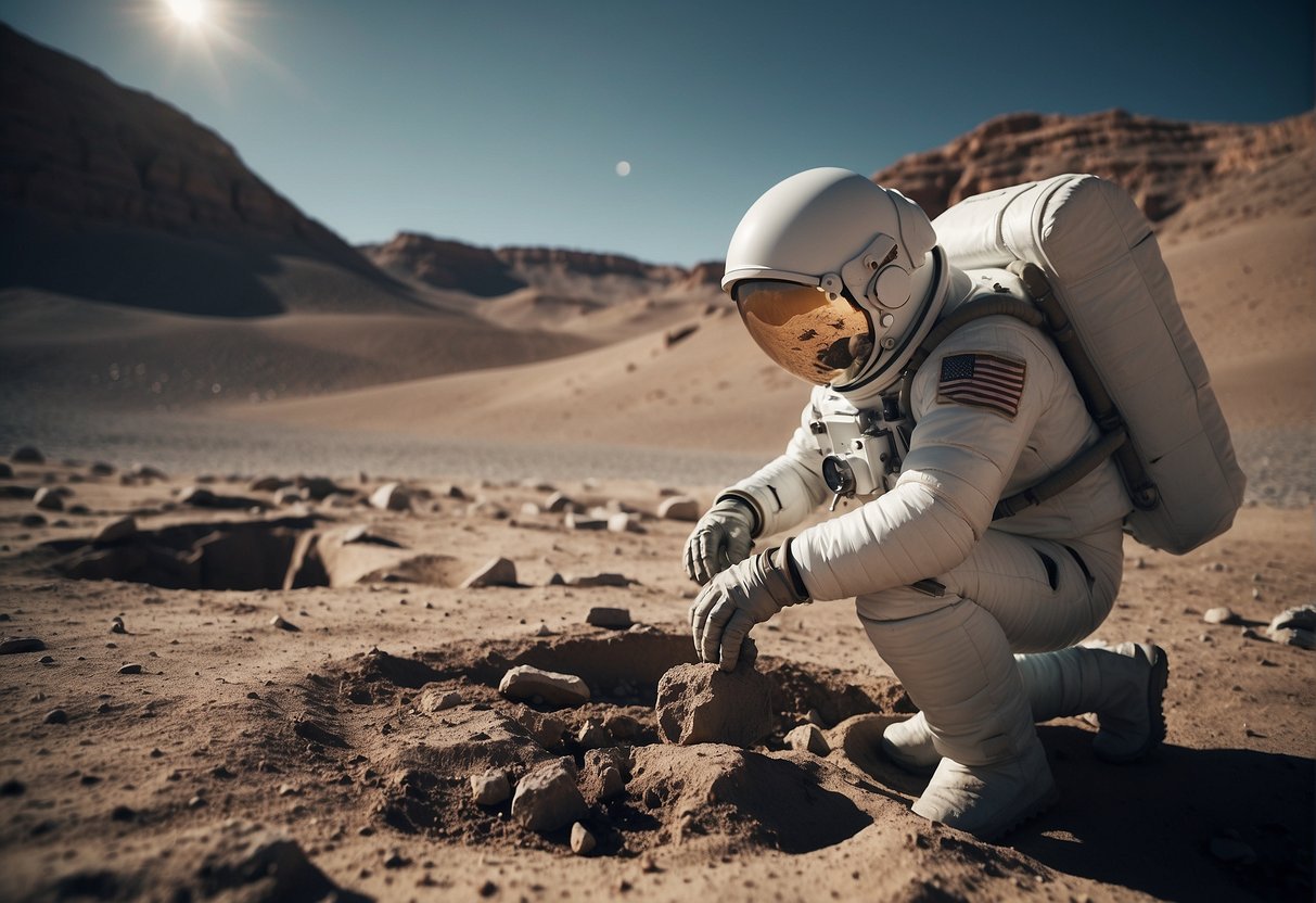 An astronaut carefully excavates an ancient alien artifact on a desolate lunar landscape, surrounded by the remnants of a long-lost civilization