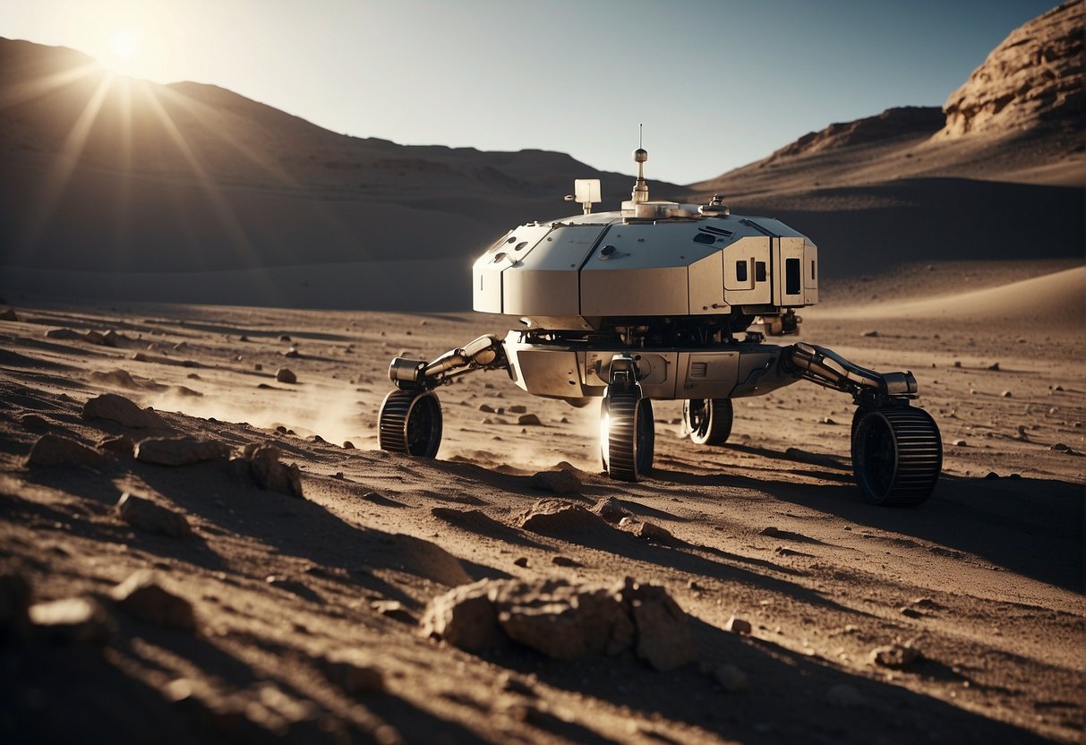 A spacecraft hovers over a desolate lunar landscape, its robotic arms delicately extracting ancient artifacts from the regolith. The harsh light of the sun casts long shadows across the scene