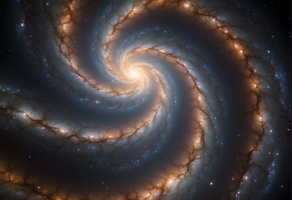 A swirling galaxy emits powerful radiation, distorting nearby star systems and creating stunning cosmic phenomena