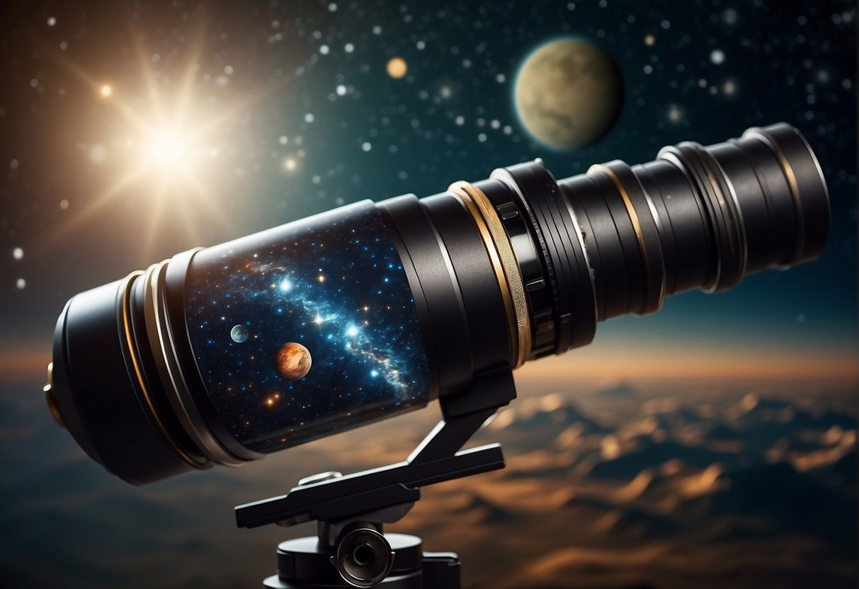 A telescope points towards Earth from outer space, with stars and planets in the background, symbolizing the cosmic perspective gained through space exploration