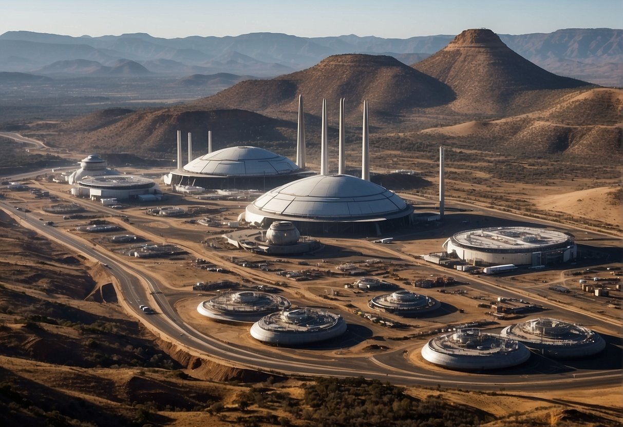 A bustling spaceport on the outskirts of Johannesburg, with massive mining ships being prepped for their journey to the asteroid belt. The skyline is dotted with futuristic structures dedicated to asteroid mining operations