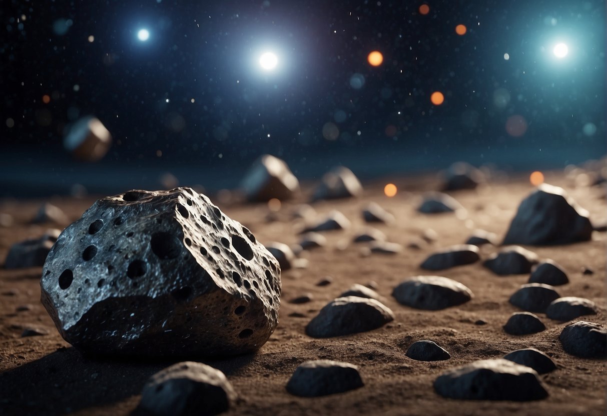 Asteroids float in space, some with valuable minerals. Machines drill and collect resources. Risks and rewards are weighed