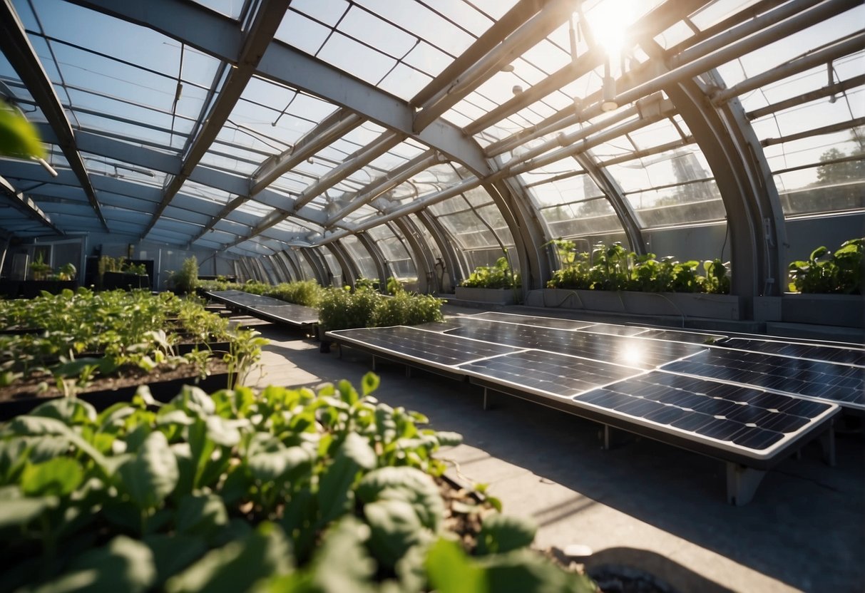 Space and Sustainability: Solar panels cover the exterior of a futuristic space station, capturing energy from the sun. A recycling system efficiently processes waste, while a garden of plants and vegetables thrives in a controlled environment