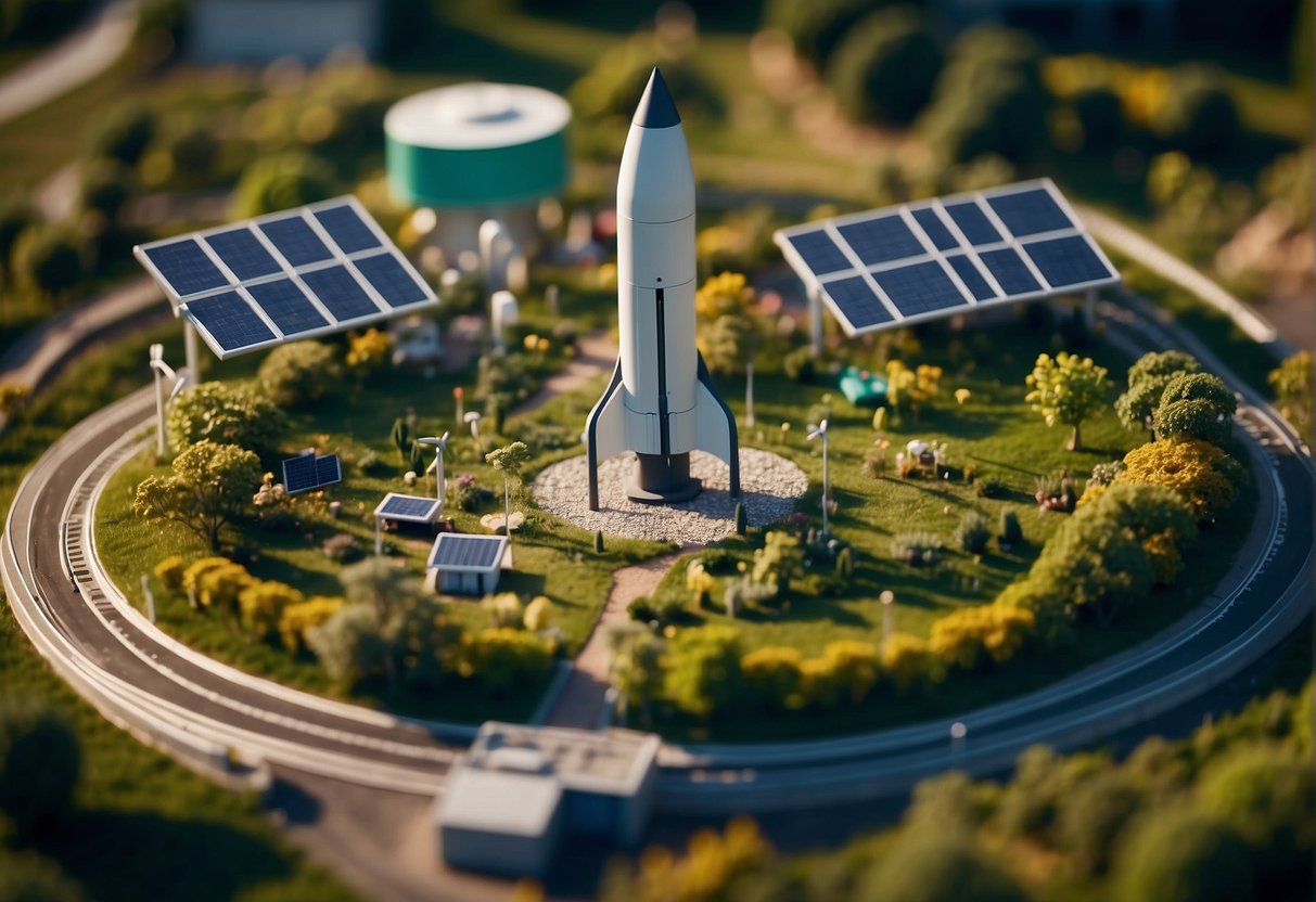 A rocket launches from a green, eco-friendly spaceport, surrounded by solar panels and wind turbines. Recycling bins line the area, and a lush garden flourishes nearby
