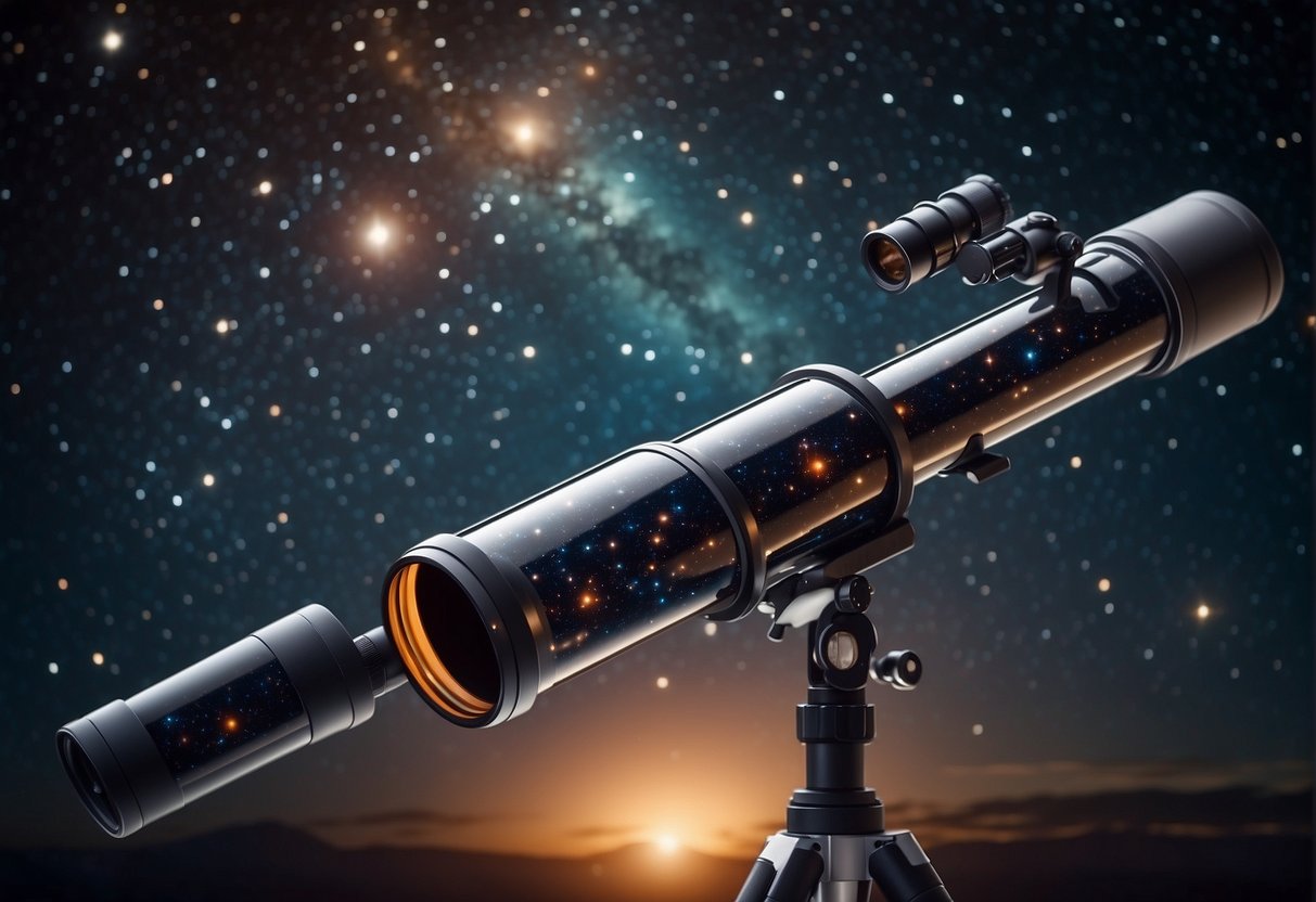 A telescope points towards the night sky, capturing the vibrant colors and swirling patterns of distant galaxies and celestial bodies