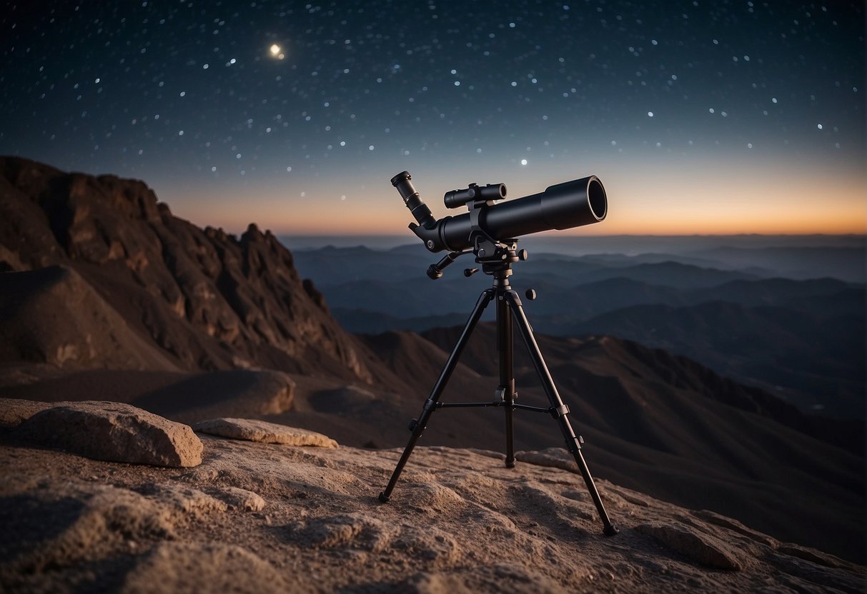 A camera and tripod are set up on a rocky surface, facing the vast expanse of stars and planets in the night sky. A telescope is positioned nearby, ready for use