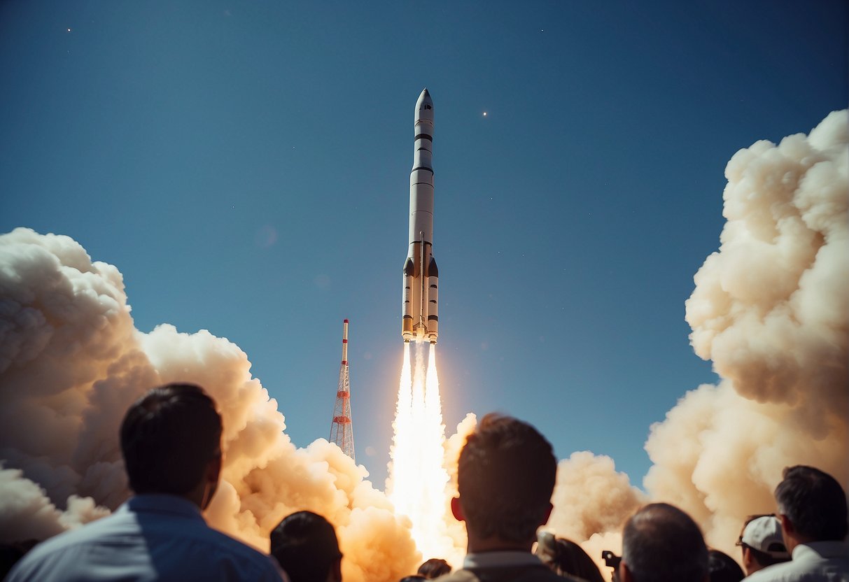 A rocket launches into space, surrounded by media frenzy and public debate