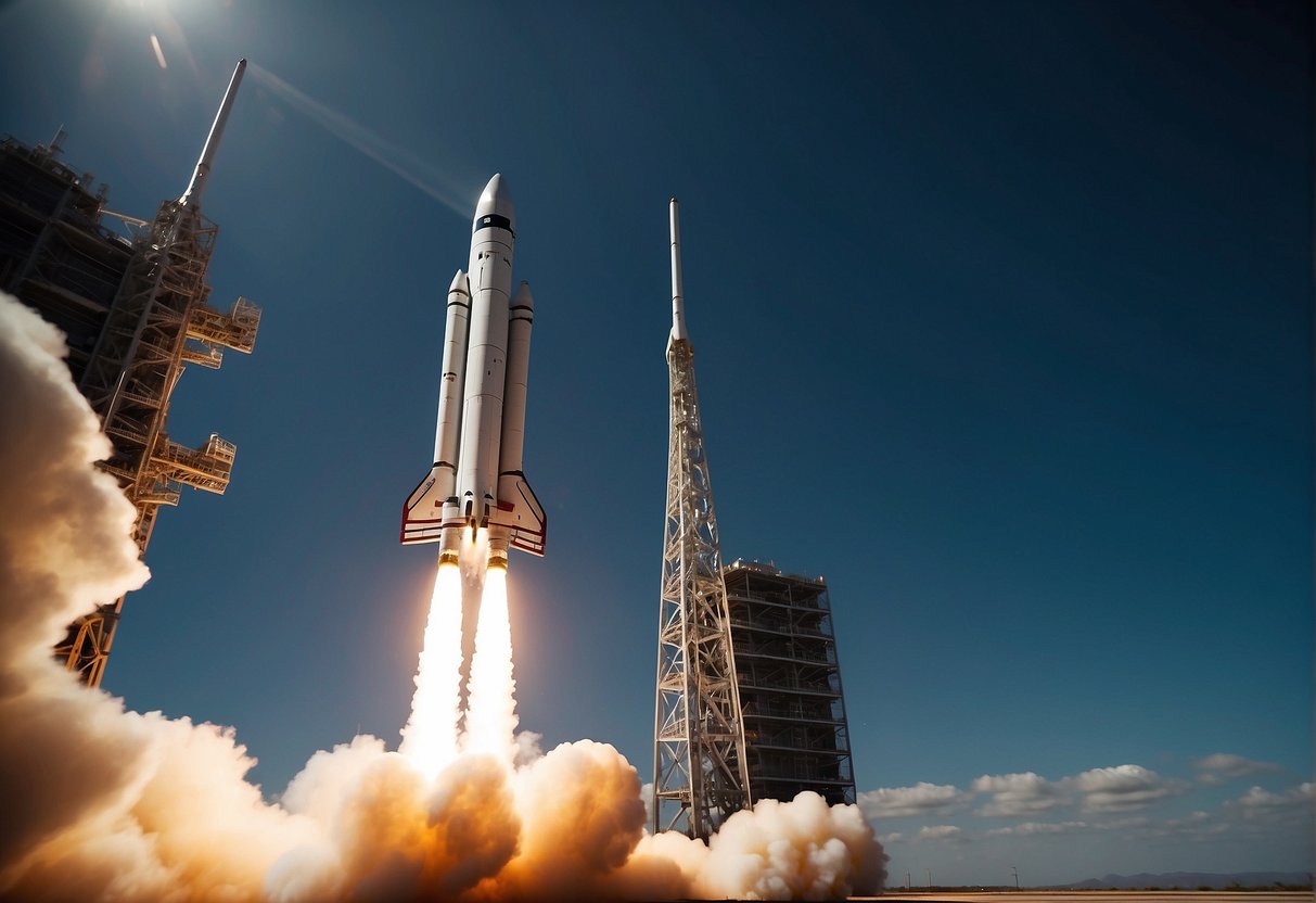 A rocket launches into space, propelled by advanced technology. Other spacecrafts compete in the race, symbolizing ambition and controversy in the billionaire space race