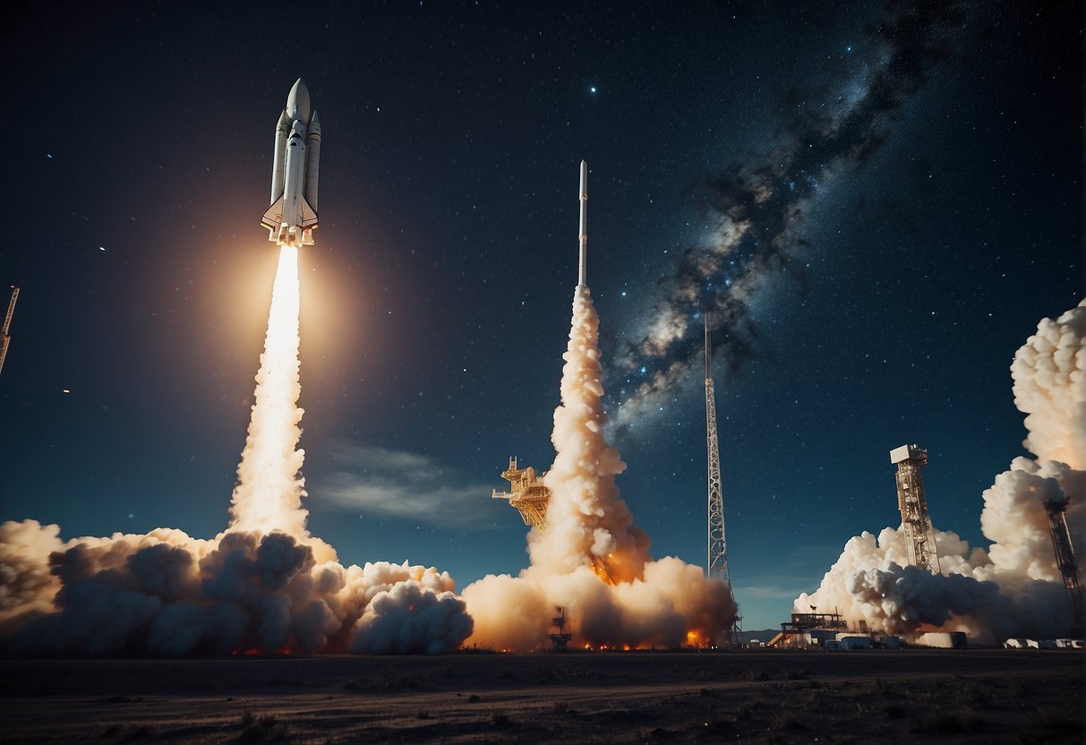 A rocket launches into space, surrounded by a flurry of activity and excitement. The scene is filled with ambition and controversy as the space industry continues to grow and evolve