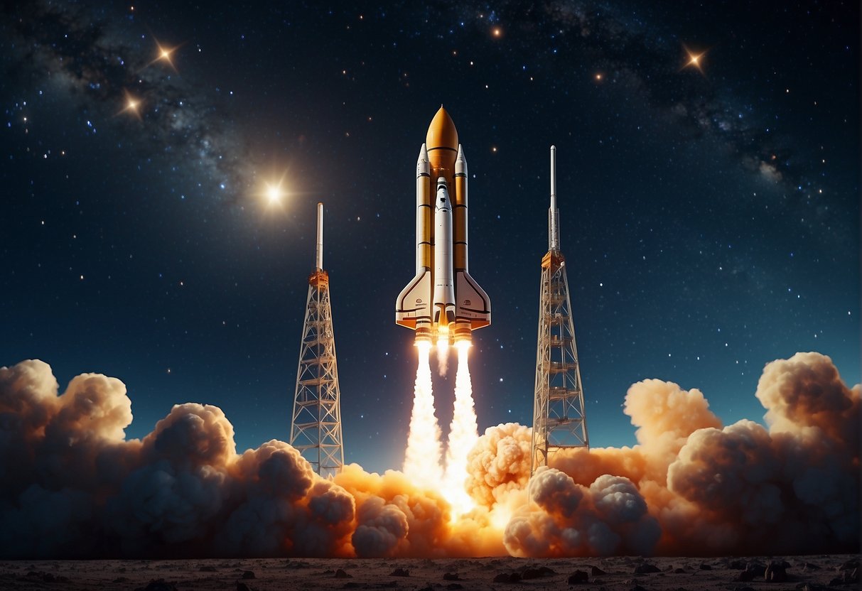 A rocket launches into space amidst a backdrop of stars and planets, symbolizing the ambition and controversy of the billionaire space race