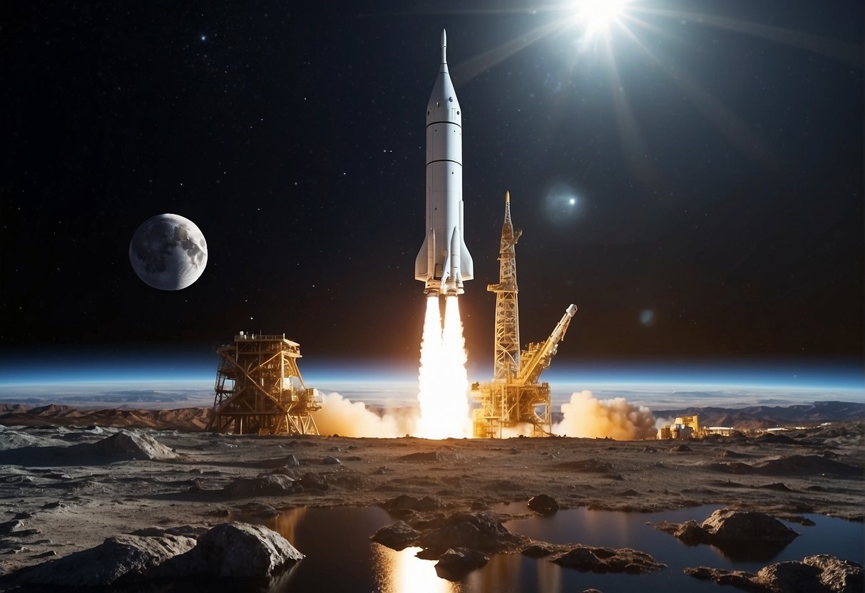 Space Exploration Milestones: A rocket launches from Earth, passing by the moon and other planets, before reaching the outer edges of our solar system