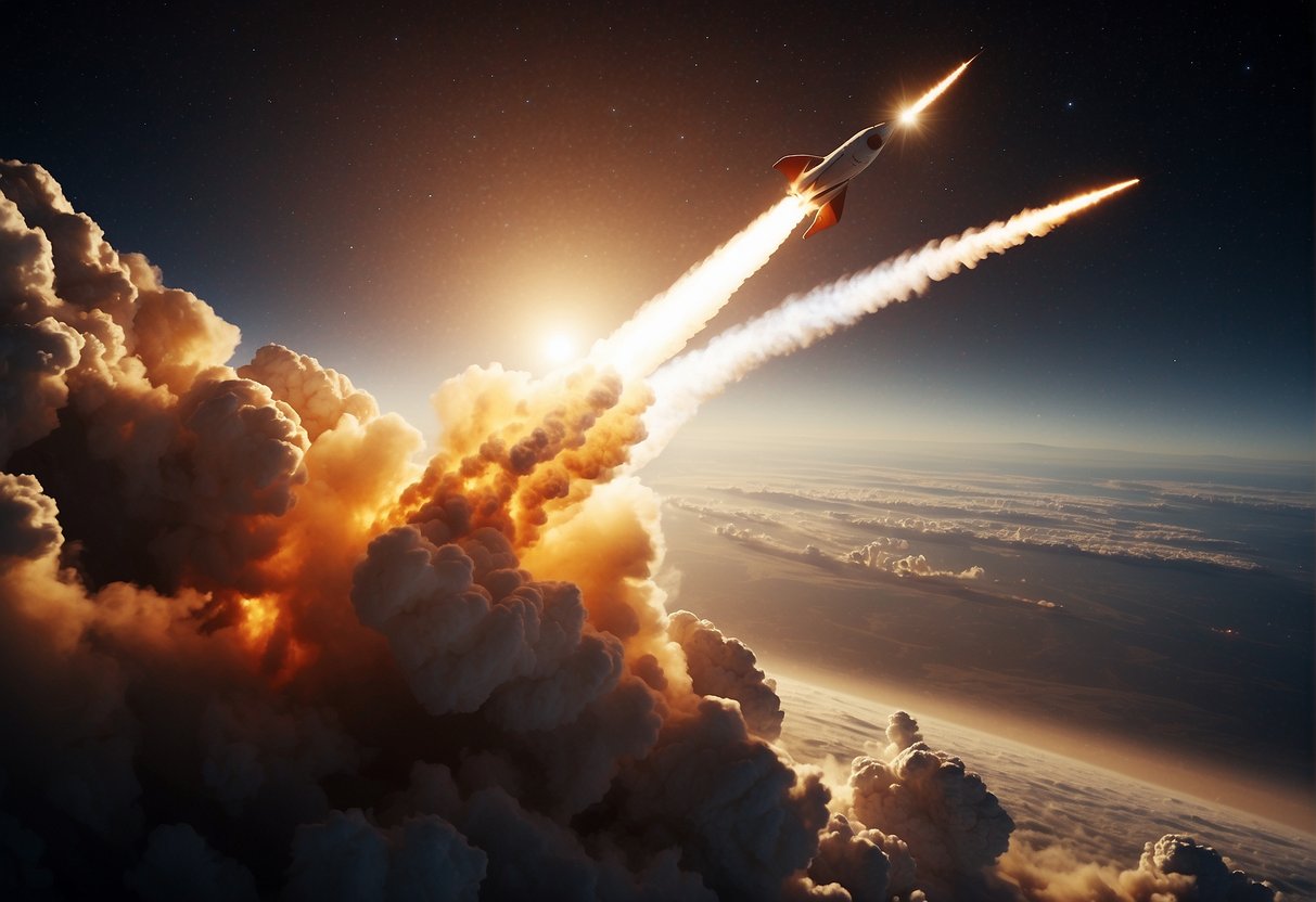 A rocket launches from Earth, leaving a trail of fire and smoke as it embarks on an interplanetary voyage. The vastness of space and distant planets serve as a backdrop to showcase human achievement in space exploration