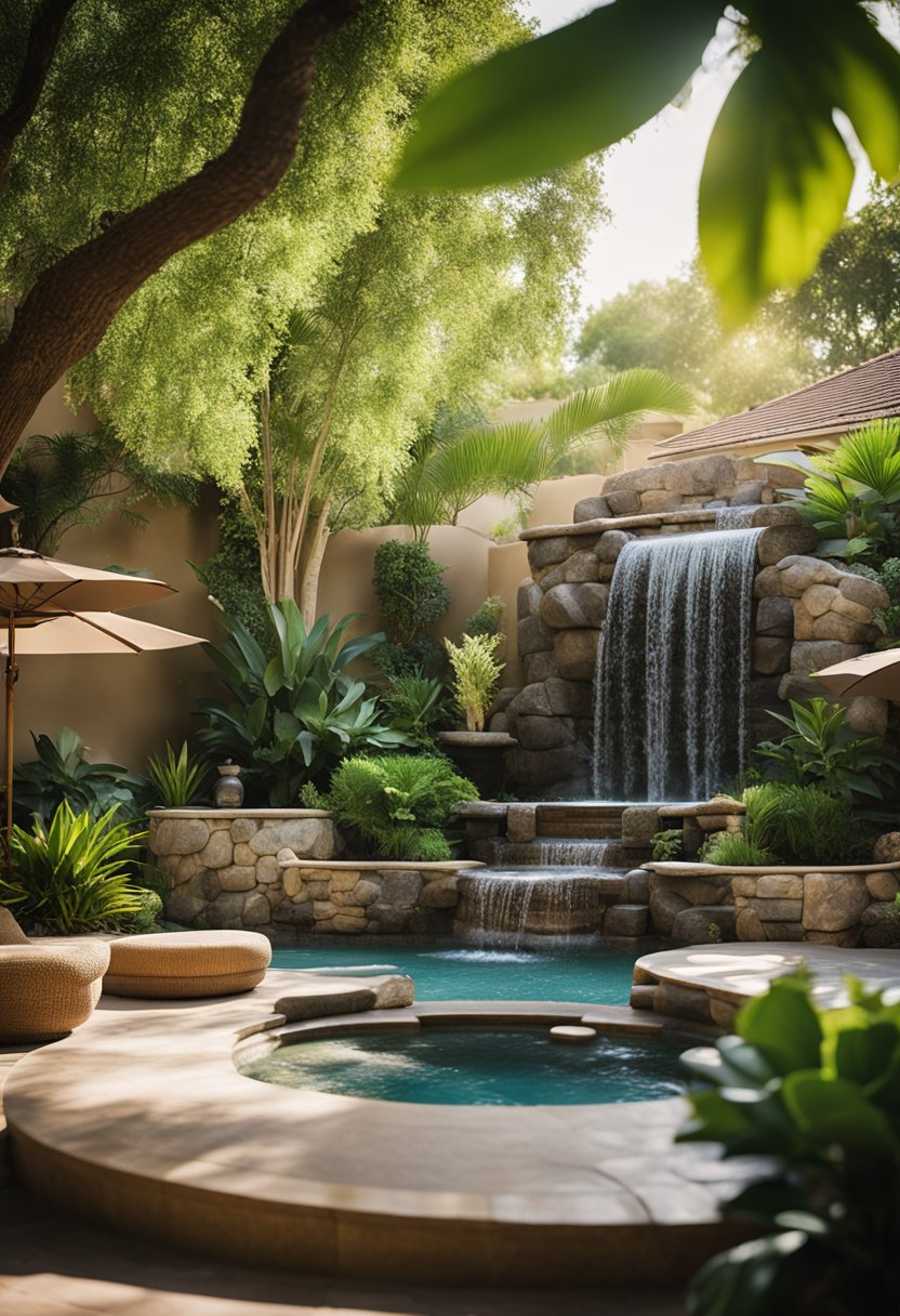 A tranquil spa retreat with lush greenery, cascading water features, and serene outdoor seating areas at Pura Vida Day Spa & Salon in Waco