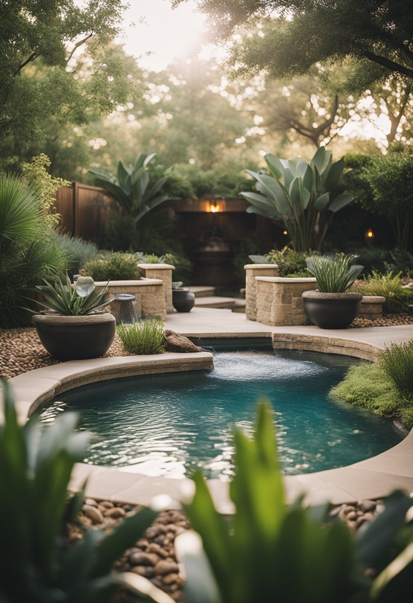 A tranquil spa retreat in Waco, featuring lush gardens, serene water features, and cozy relaxation areas