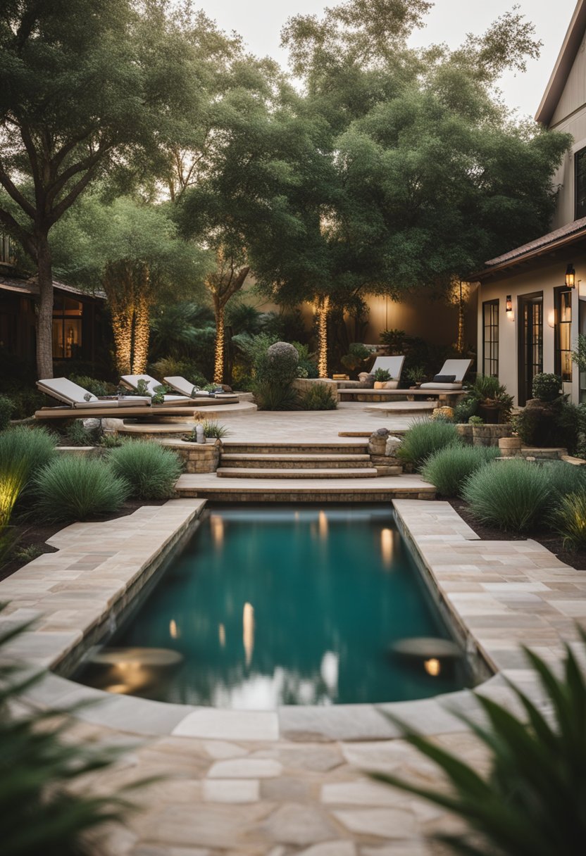 A tranquil spa retreat with lush greenery, calming water features, and inviting massage and wellness facilities in Waco