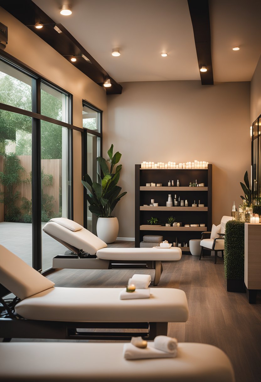 A serene spa retreat with modern decor, soft lighting, and tranquil atmosphere at The Cutting Edge Salon and Spa in Waco