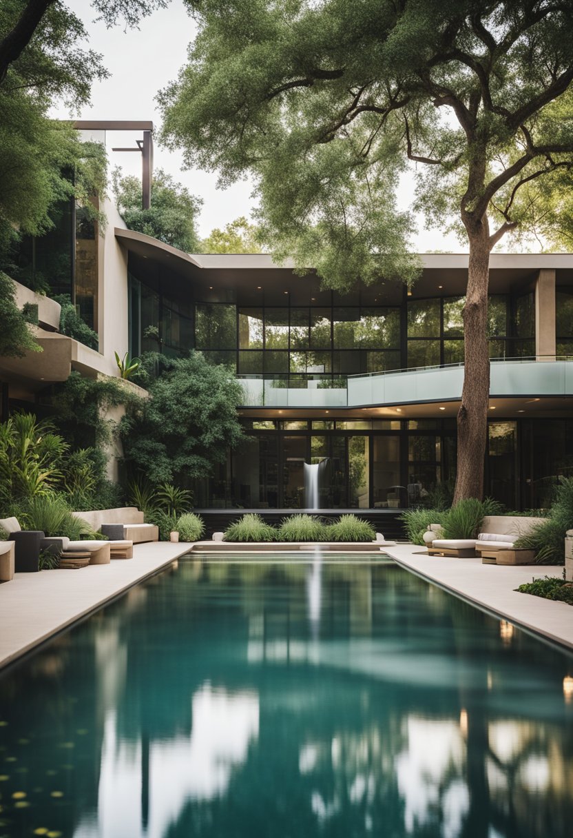 A serene spa retreat in Waco, with lush greenery, tranquil water features, and modern architecture