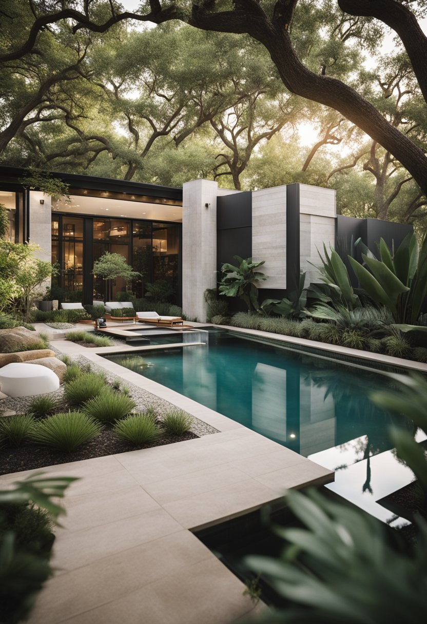 A serene spa retreat nestled in the heart of Waco, surrounded by lush greenery and tranquil water features. The modern architecture seamlessly blends with the natural surroundings, creating a peaceful and rejuvenating atmosphere