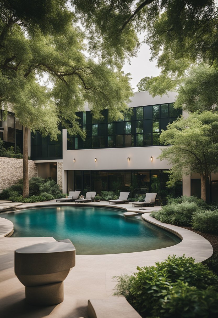 A serene spa retreat with lush greenery, calming water features, and modern architecture nestled in the heart of Waco