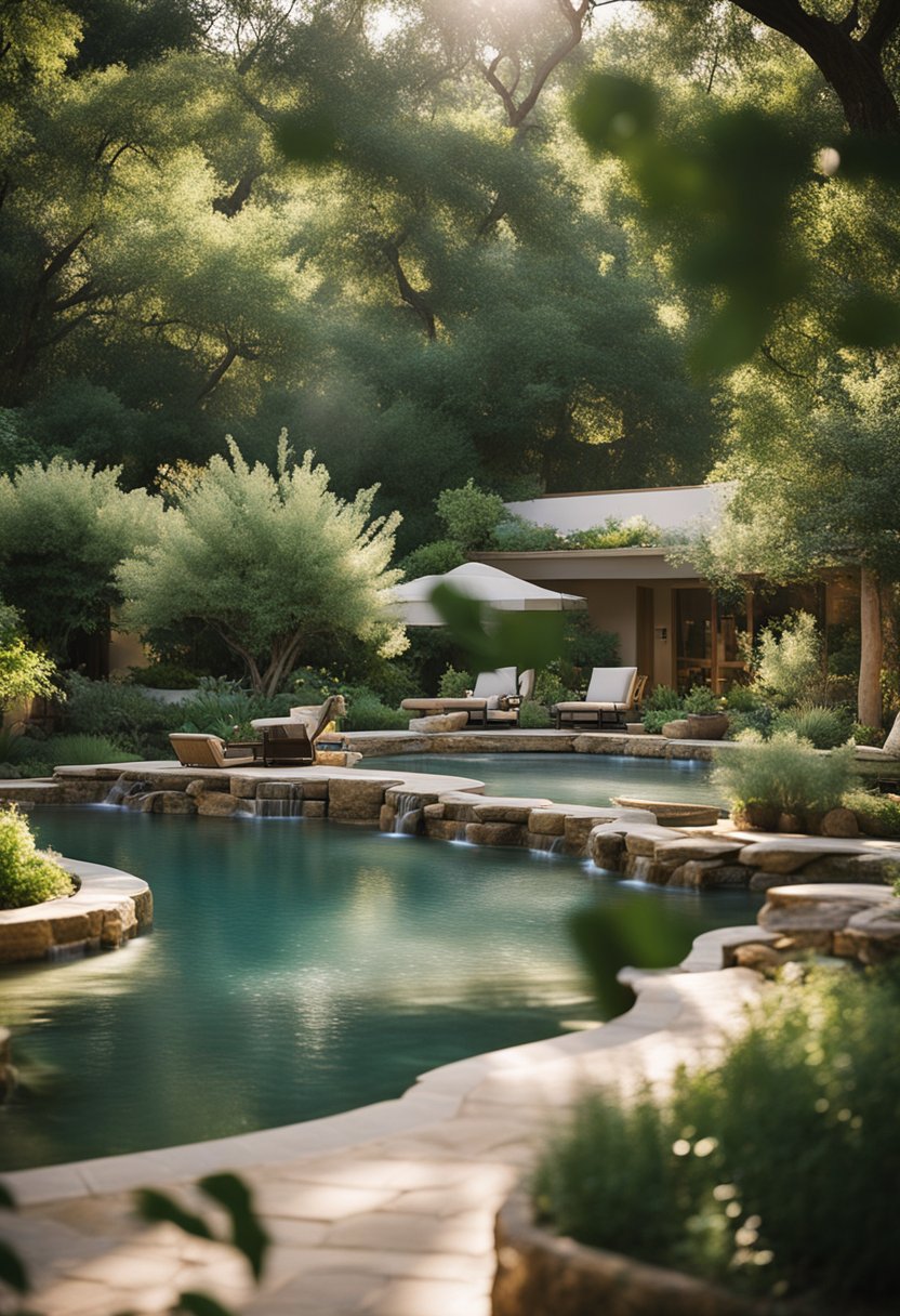 Guests stroll among lush gardens, bubbling hot springs, and tranquil meditation spaces at Waco's spa retreats